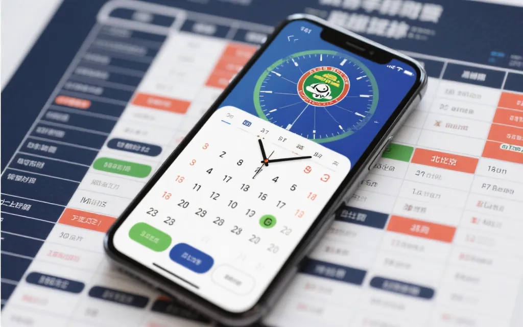 手机日历与世界时钟界面，象征将官方赛程转换为北京时间并设置提醒